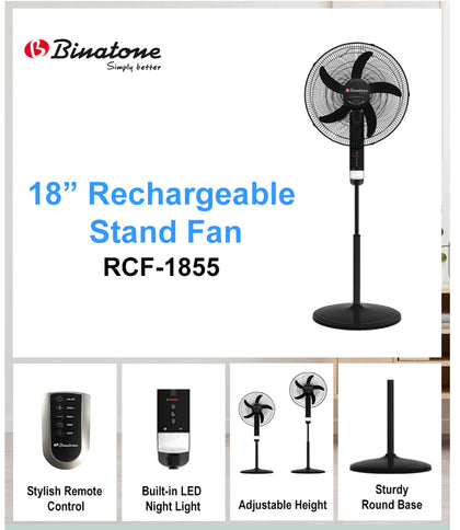 Binatone 18 Inches Rechargeable Fan With USB Port and Remote Control | RCF-1855